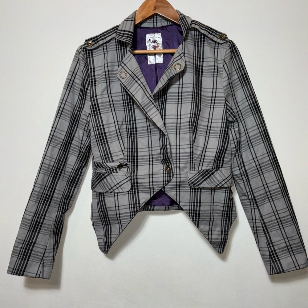 Triple 5 Soul Plaid Jacket Women's Size Large Asymmetrical Blazer Gray Black NWT